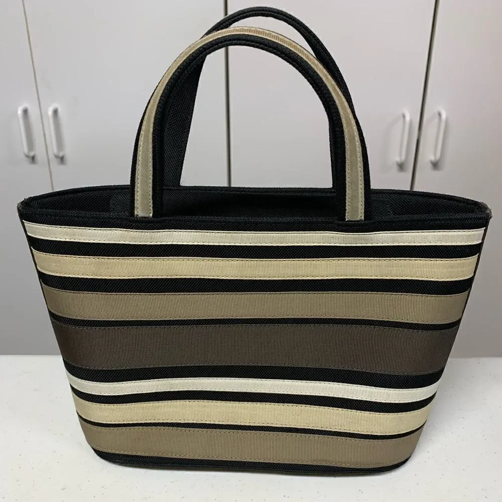 DKNY Striped Canvas Tote Bag Tan Brown Cream Black Large Handbag